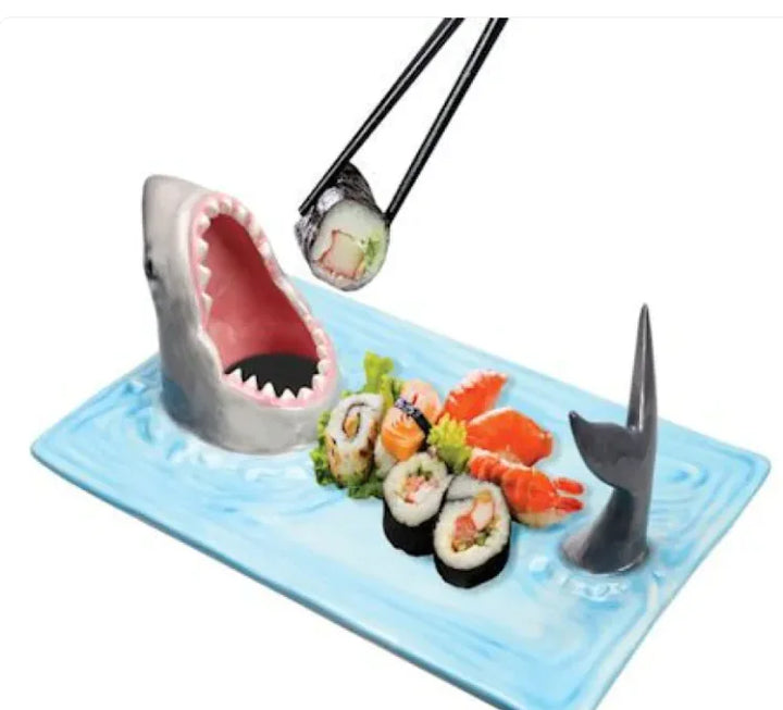 Shark ceramic serving tray empty on a kitchen counter