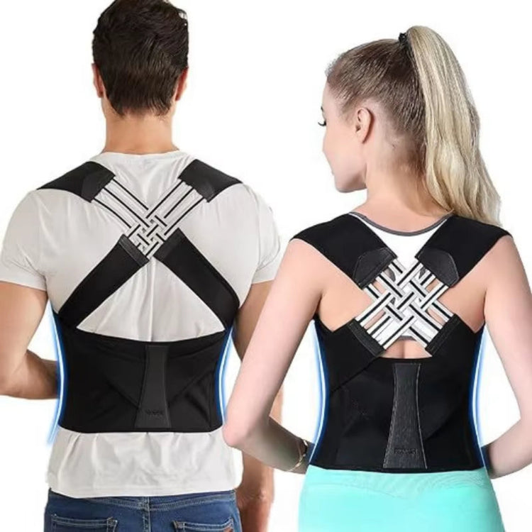 Posture corrector brace shown worn on the upper back