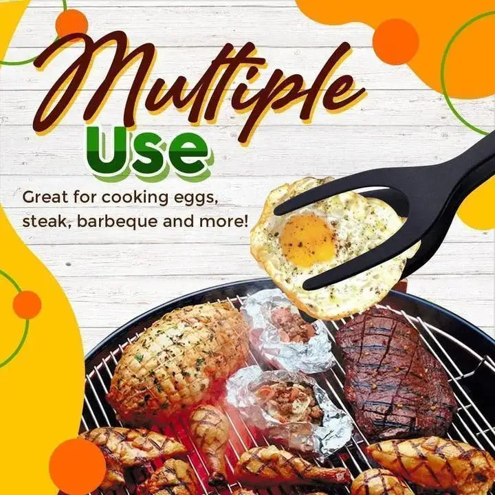 Spatula and tongs tool lifting a fried egg off a barbecue grill