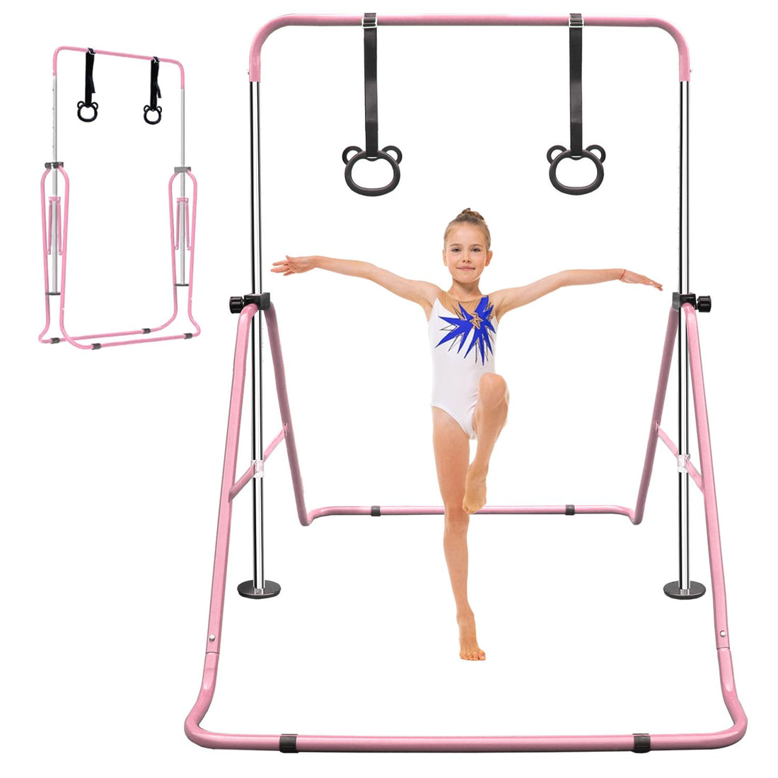 Pink A-frame kids gymnastics bar with two bear-shaped hanging rings and telescoping chrome height posts