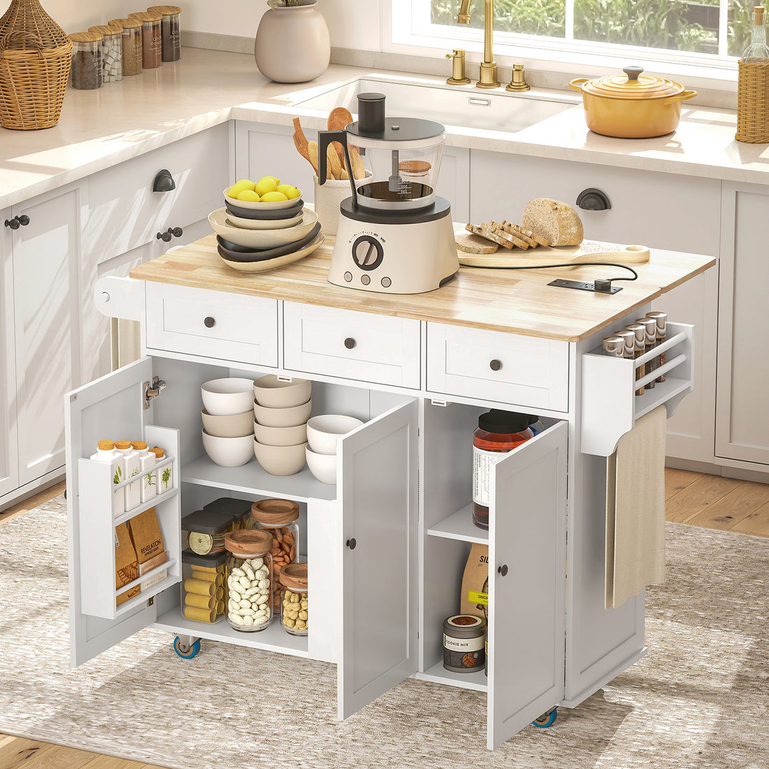 White kitchen island cart with drop leaf side and USB charging station