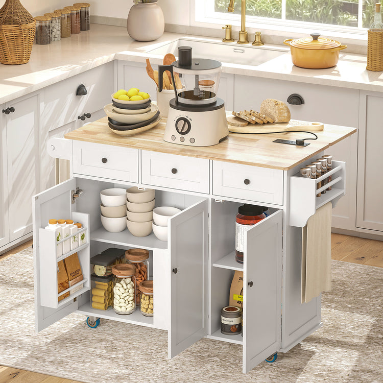 Kitchen island cart with drop leaf extended for seating