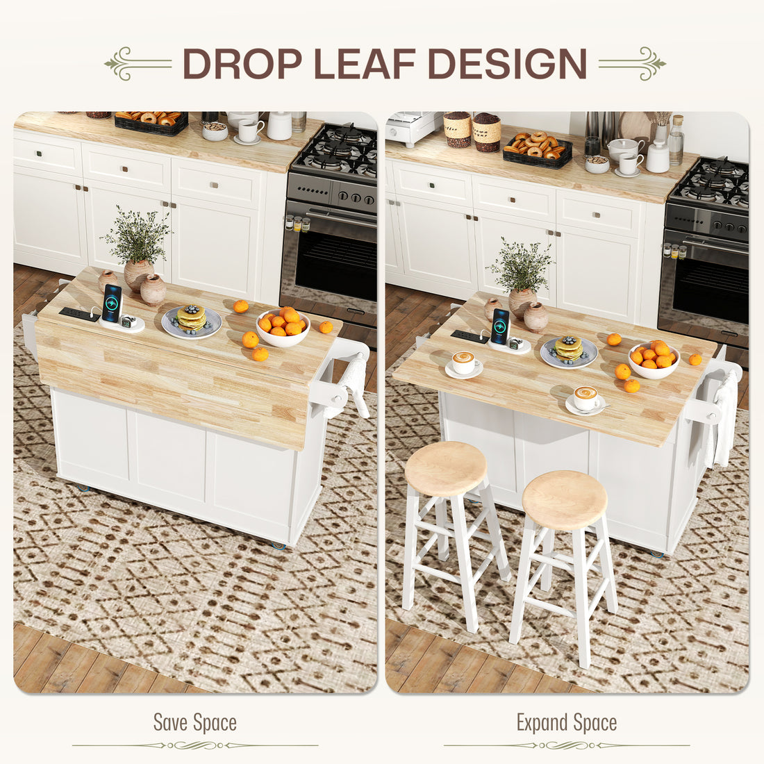 Kitchen island cart USB charging station close-up