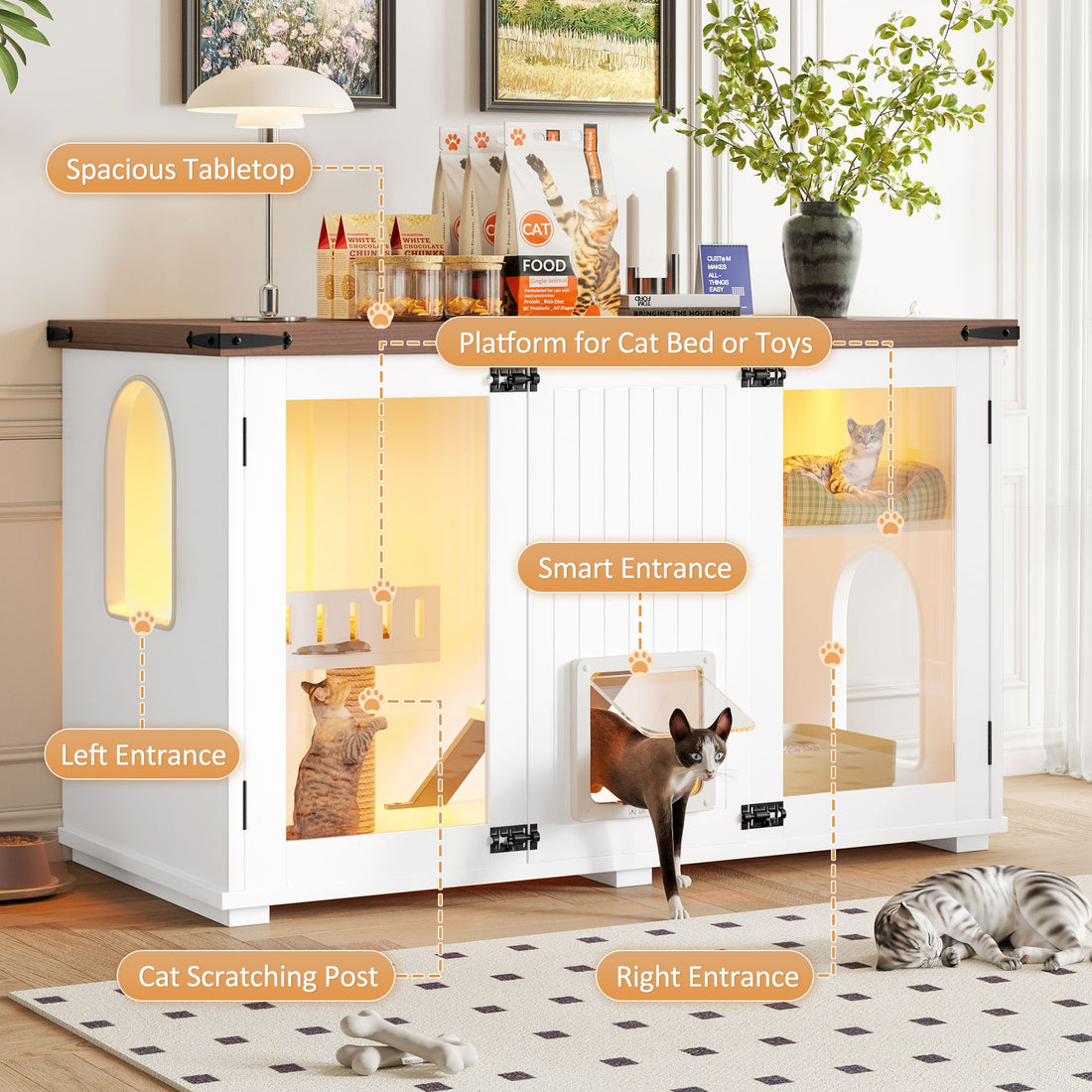 Hidden cat litter box enclosure cabinet in white