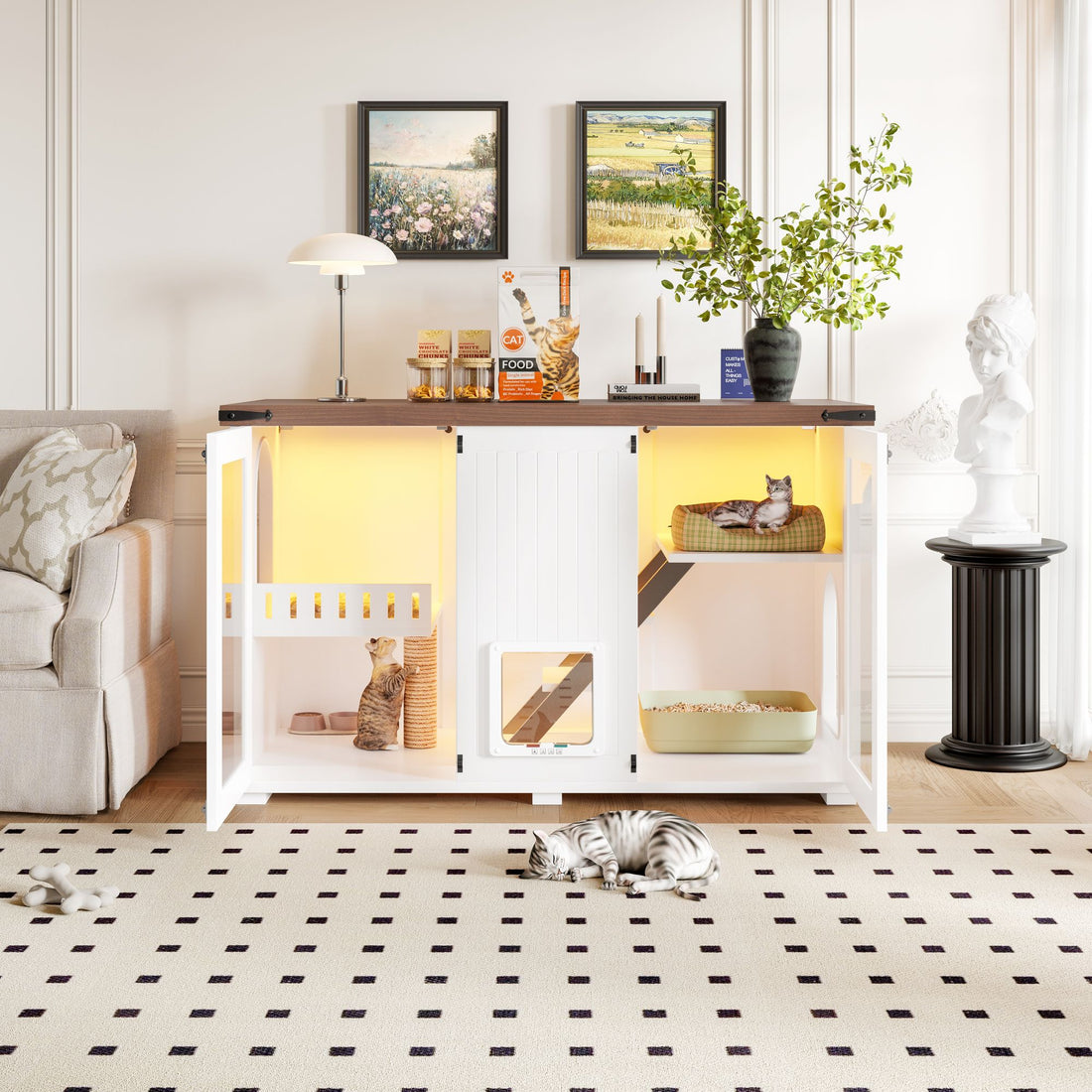Cat litter box enclosure with plant decor on top