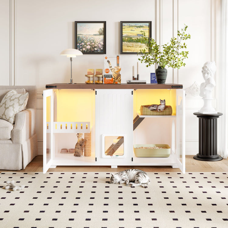 Cat litter box enclosure with plant decor on top