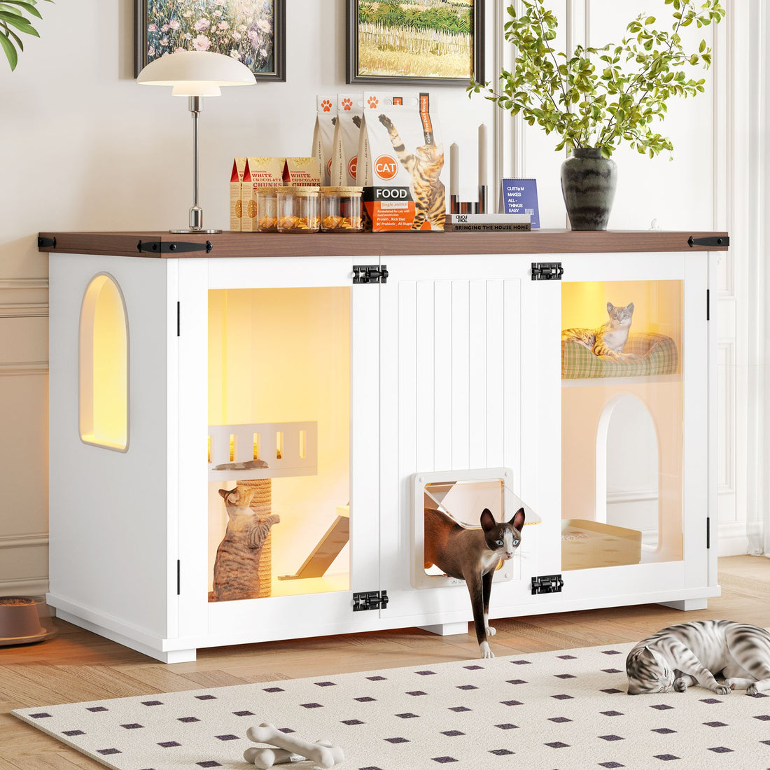 Cat litter box enclosure access door open for cleaning