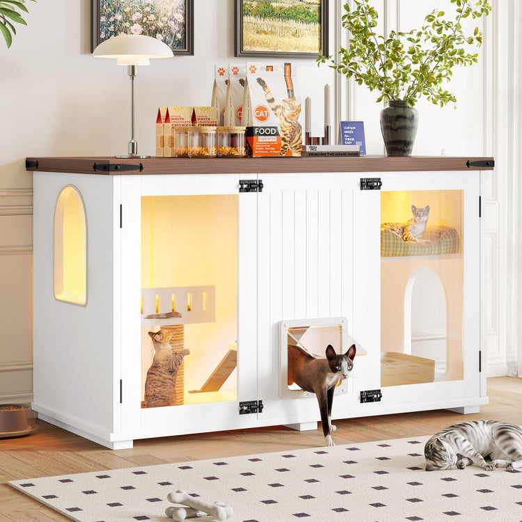 Cat litter box enclosure access door open for cleaning