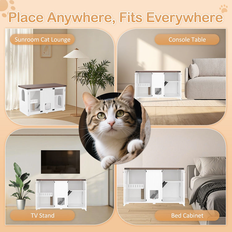 Cat using hidden litter box enclosure cabinet