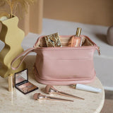 Two-layer cosmetic makeup bag with brushes and palettes