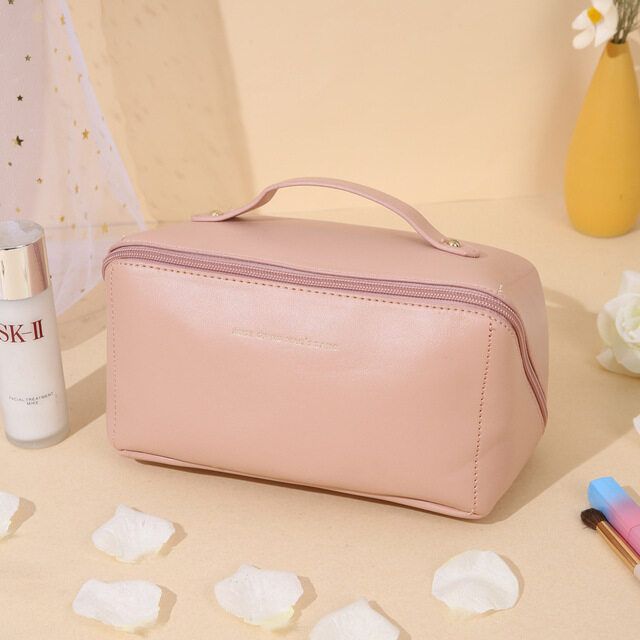 Single-layer leather-style makeup bag, compact travel size