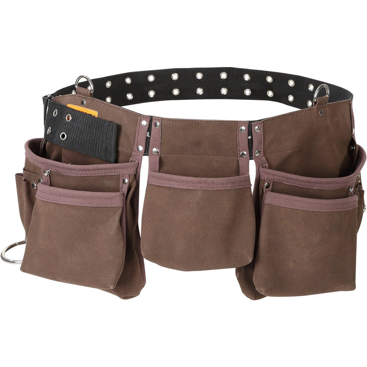 Leather tool belt with 13 pockets and dual hammer loops
