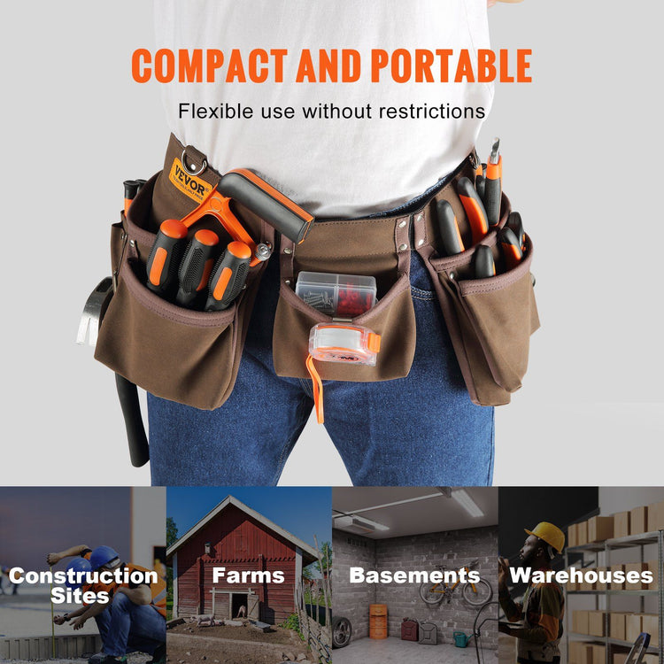 Tool belt holding hammer, tape measure, and screwdrivers
