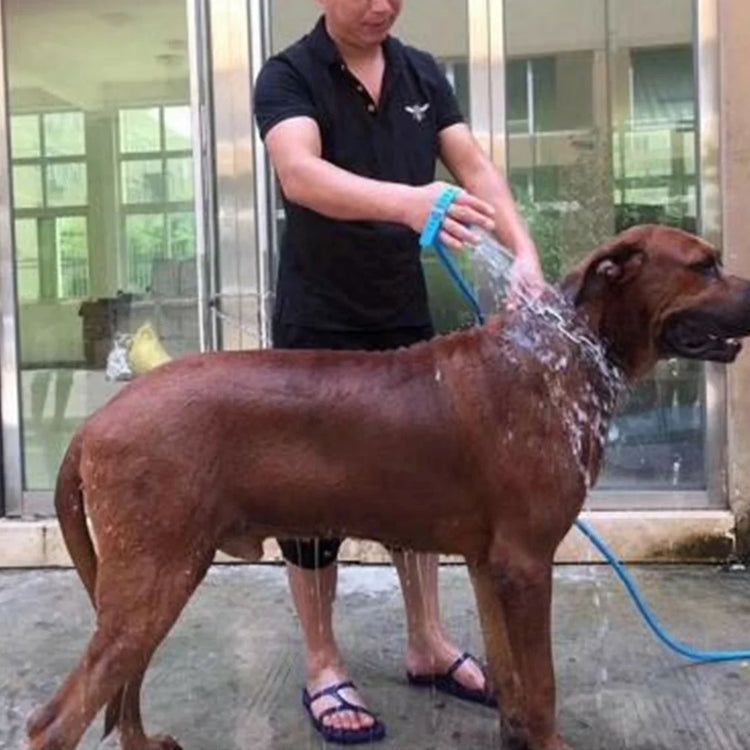 Shower head massaging a dog's coat to loosen shed fur