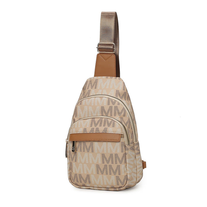 MKF Helaena vegan leather sling bag in Black with M logo print