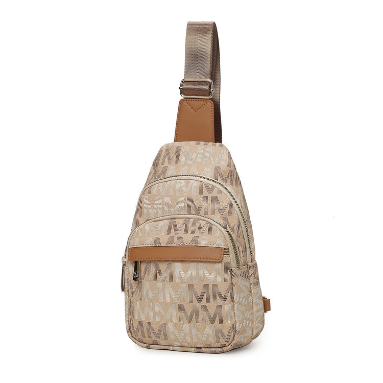 MKF Helaena vegan leather sling bag in Black with M logo print