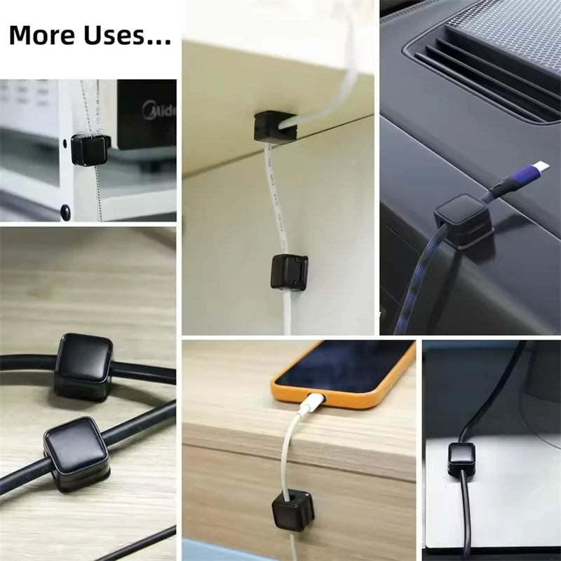 Magnetic cable clips holding earphones and USB cables