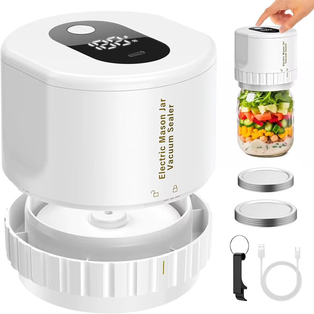 Cordless mason jar vacuum sealer on a kitchen counter