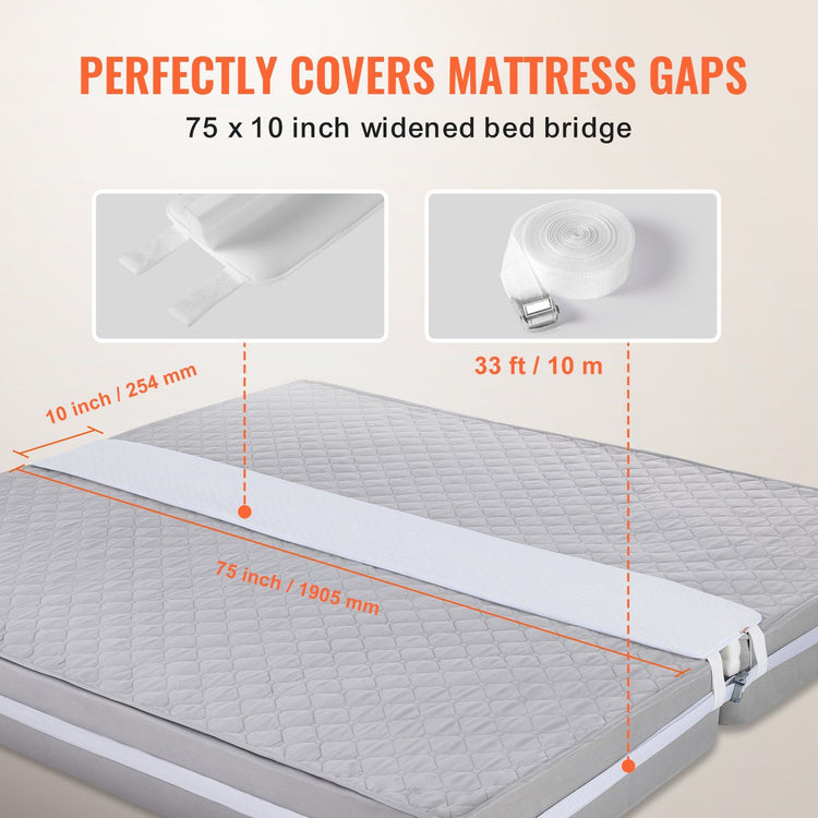 Mattress gap filler being installed between two twin beds