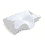Memory foam neck pillow in white worn on shoulders