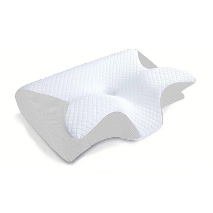 Memory foam neck pillow in white worn on shoulders