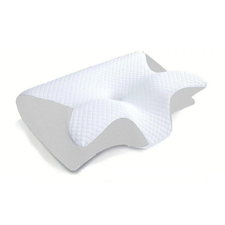 Memory foam neck pillow in white worn on shoulders