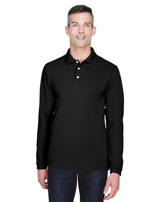 Men's easy blend long-sleeve polo in black, front view