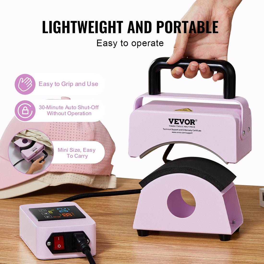 Mini cap heat press machine in its compact tabletop footprint with the curved cap-shaped platen visible