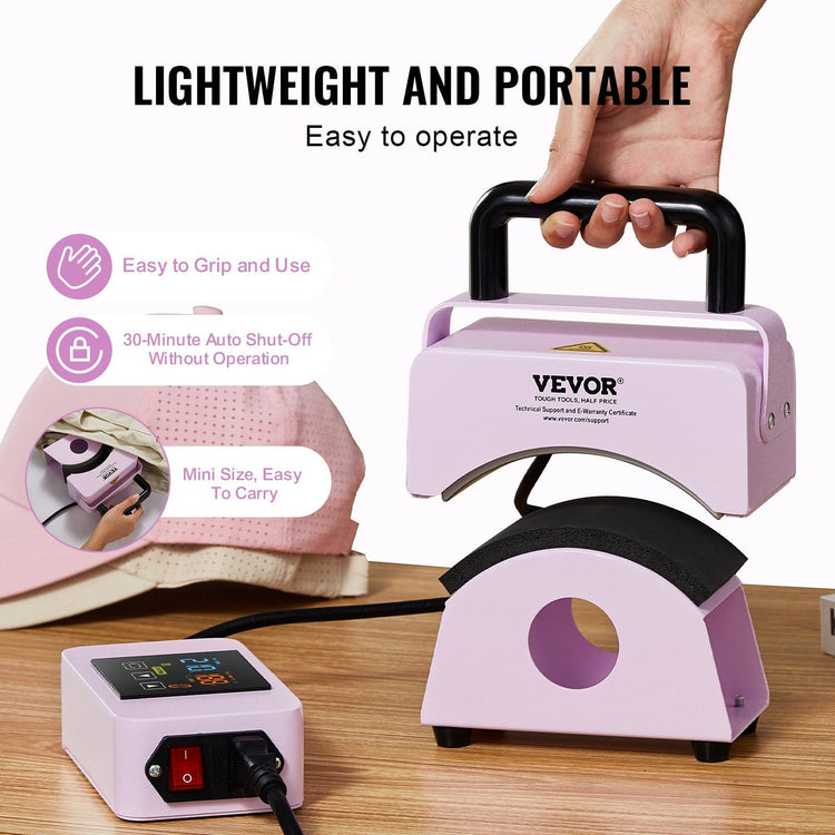 Mini cap heat press machine in its compact tabletop footprint with the curved cap-shaped platen visible
