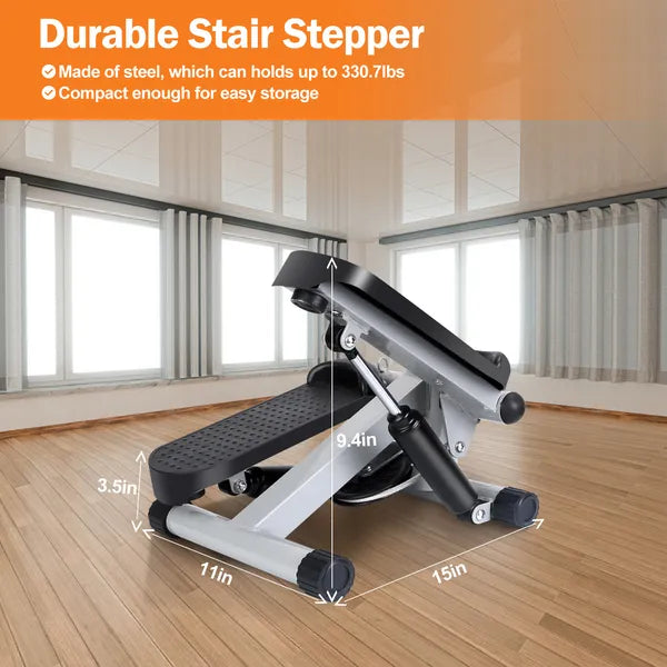 Person using mini stepper with resistance bands for upper body work