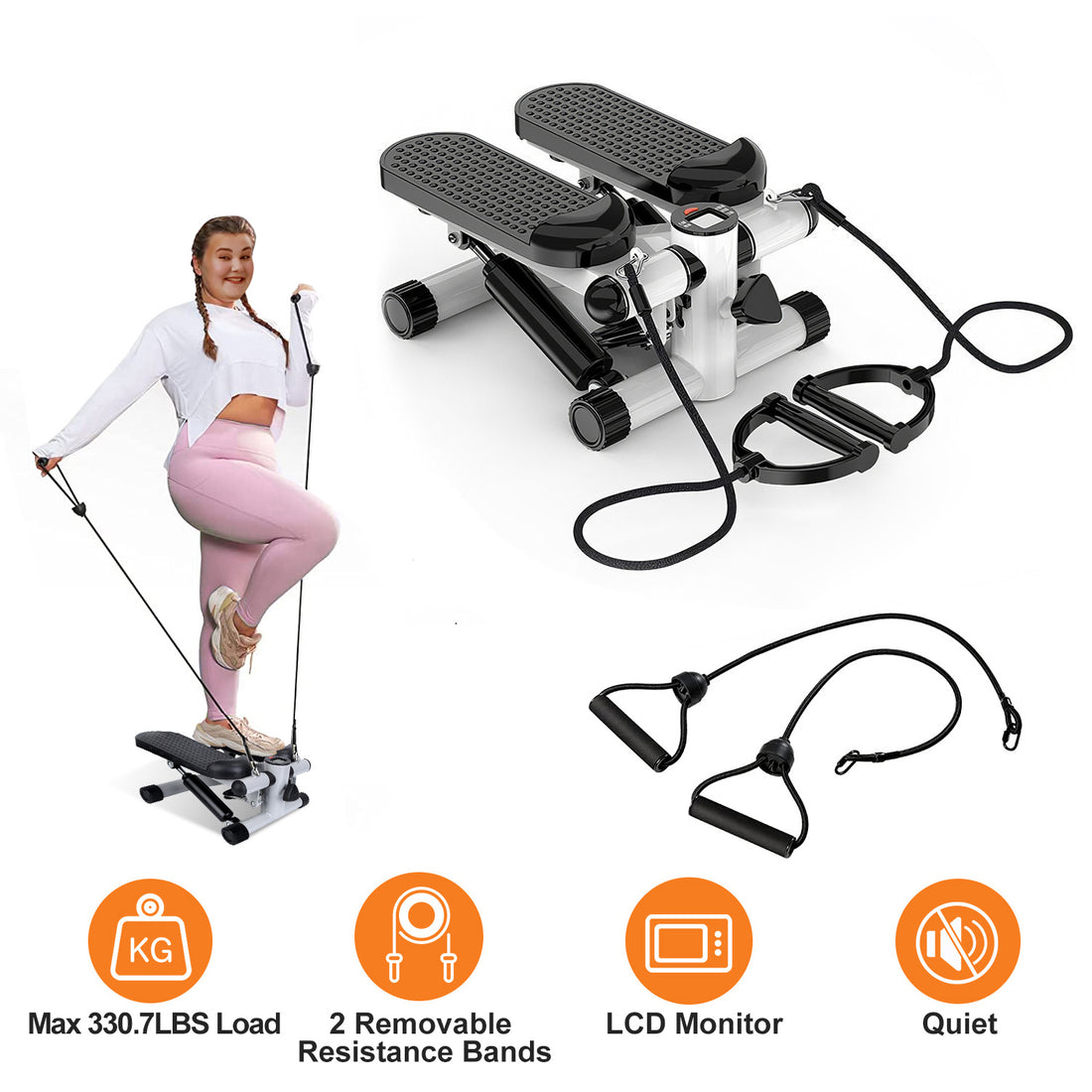 White and black hydraulic mini stepper with textured pedals, center LCD monitor, and removable elastic resistance cords