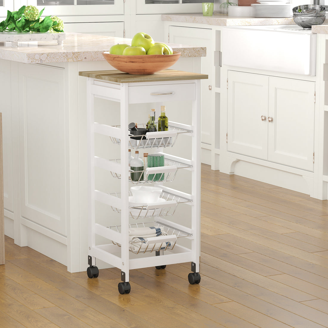 Mobile kitchen cart lower shelf storing cookware