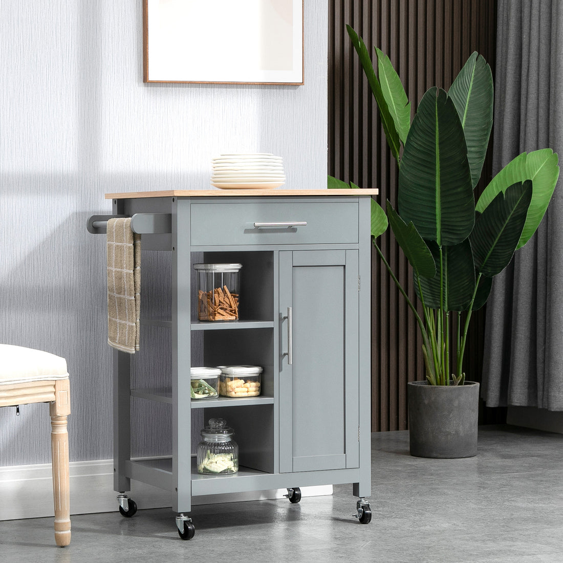 Modern grey kitchen island cart with storage shelves and rolling wheels
