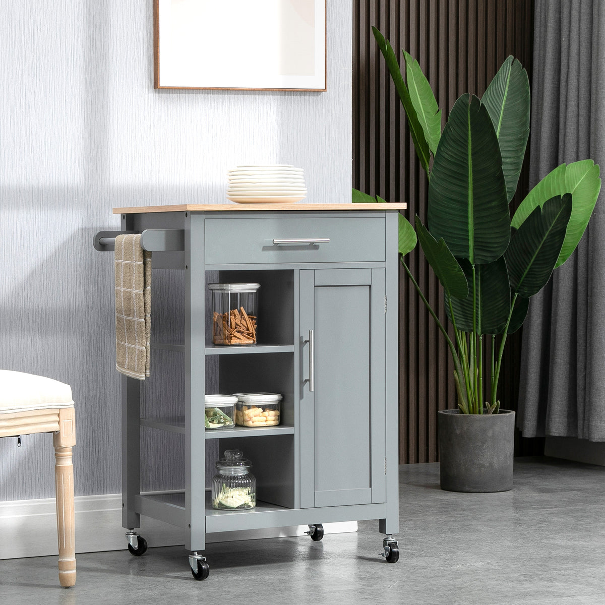 Modern grey kitchen island cart with storage shelves and rolling wheels