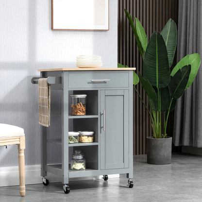 Modern grey kitchen island cart with storage shelves and rolling wheels