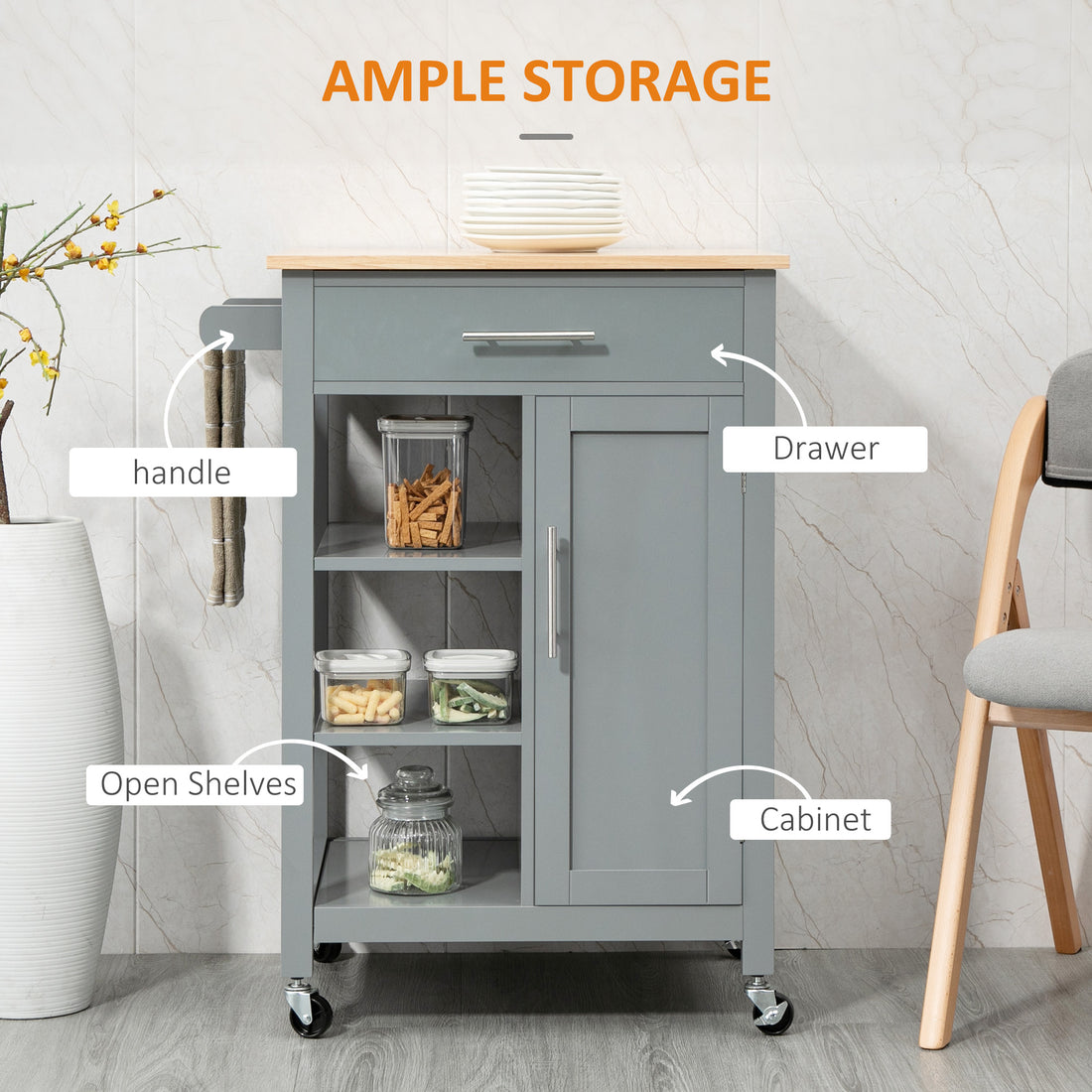 Kitchen island cart organizing cookware and utensils