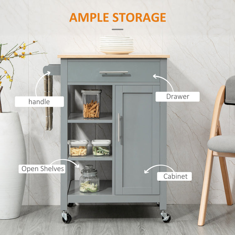 Kitchen island cart organizing cookware and utensils