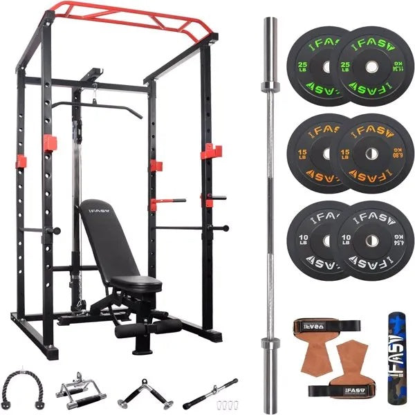 Power cage with barbell setup for squats