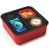 Red snack tray with phone wireless charging at 75 percent, chips bowl, and drink holder
