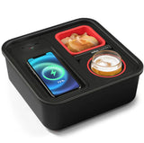 Black snack tray with wireless charging pad, USB ports, chips bowl, and drink holder