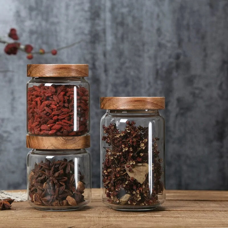 Jar shown on a pantry shelf lined up with matching jars