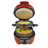 Electric breakfast sandwich maker open showing egg and bread layers cooking