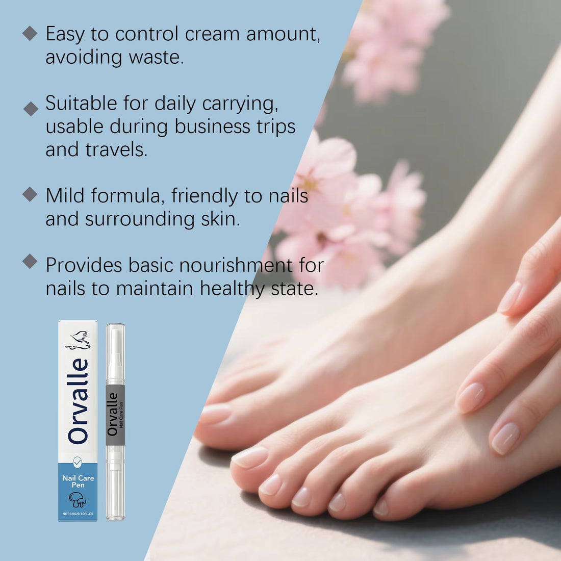Nail care pen tip applied to fingernail close-up