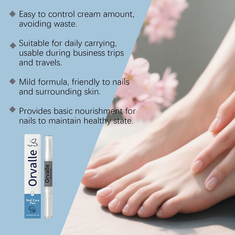 Nail care pen tip applied to fingernail close-up