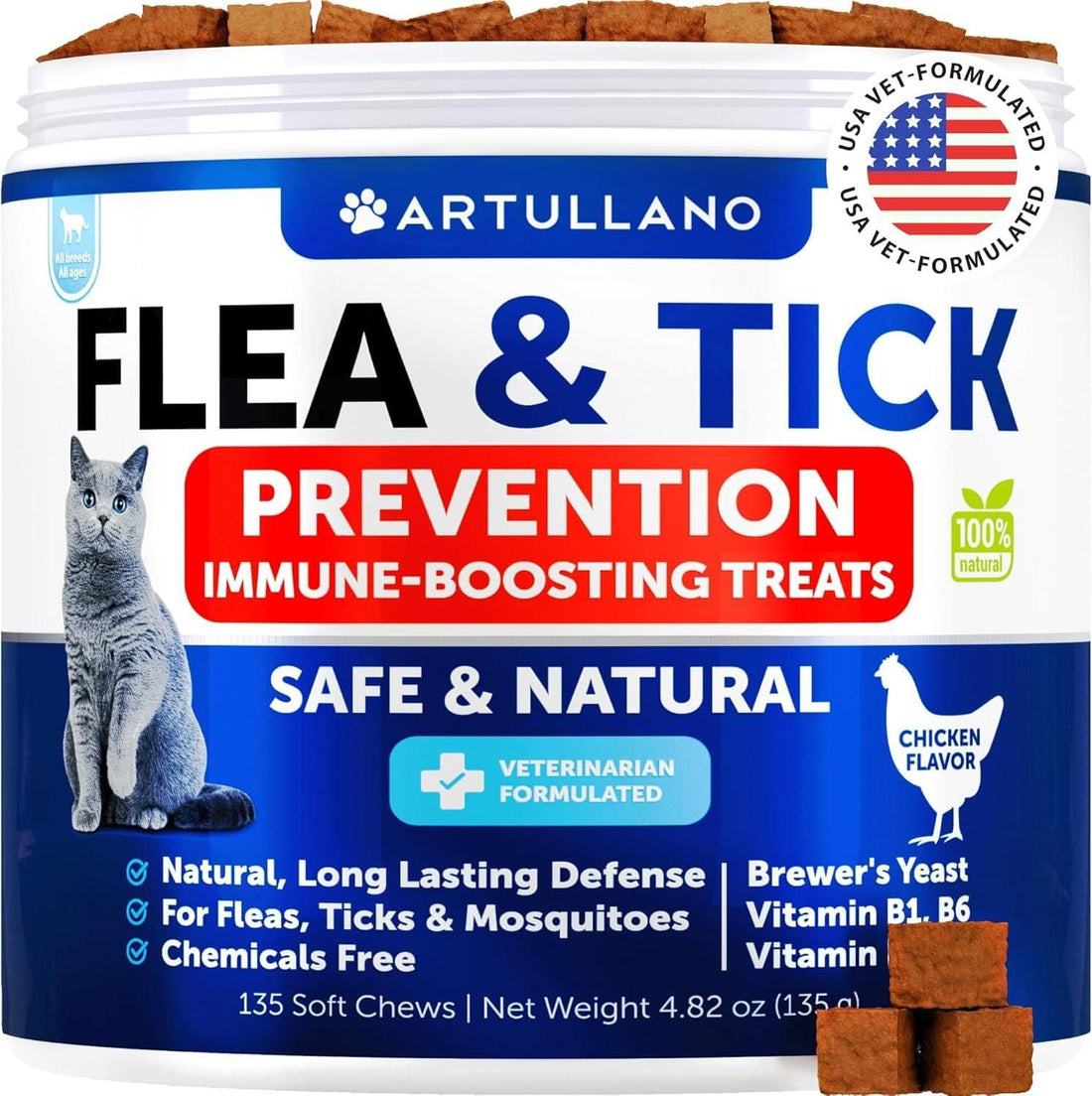 Bag of soft round flea and tick chews spilled beside the resealable pouch