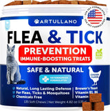 Bag of soft round flea and tick chews spilled beside the resealable pouch