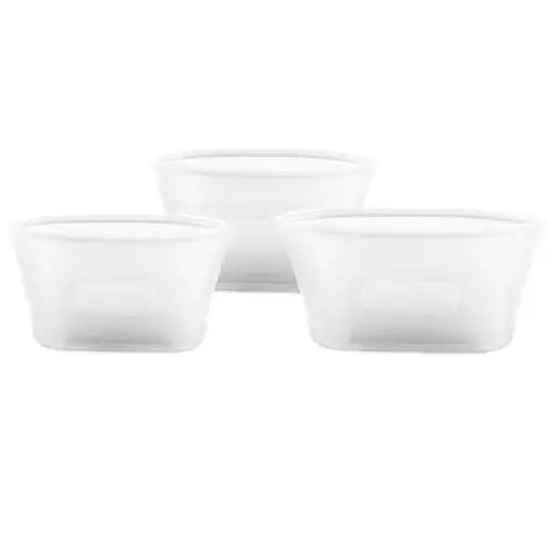Bowl's flexible silicone lid being stretched to seal a container