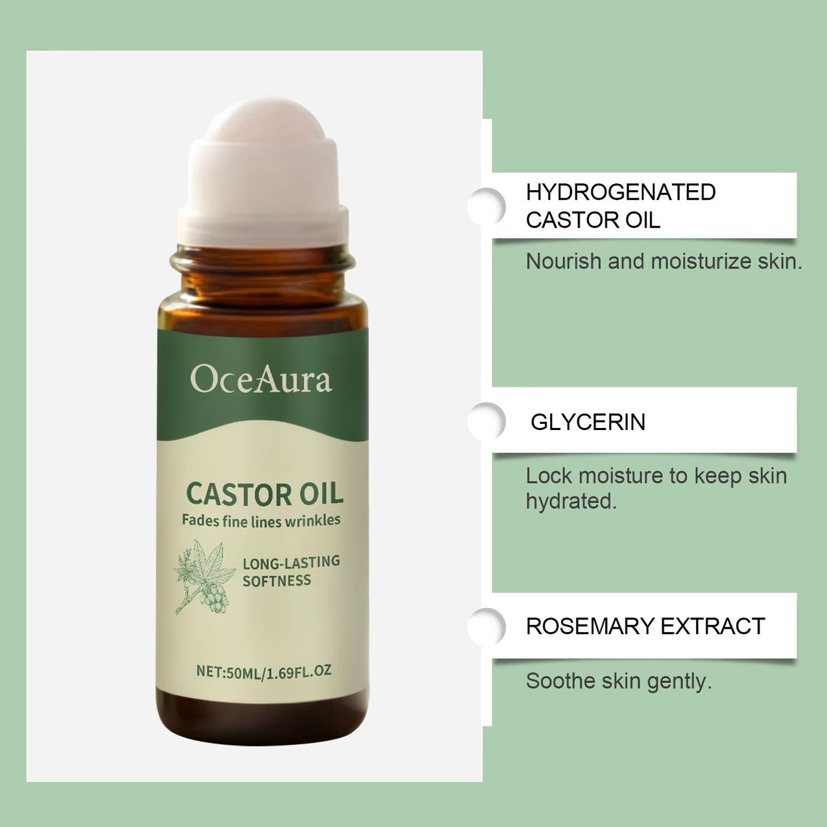 Organic castor oil roll-on single bottle