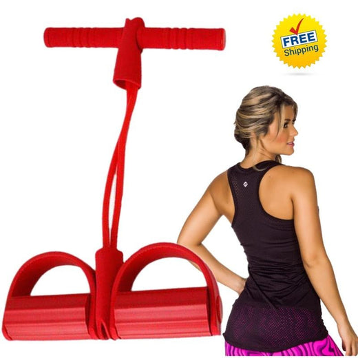 Red foam-grip handle bar connected by elastic tubing to two red foot pedals for seated pull and stretch training