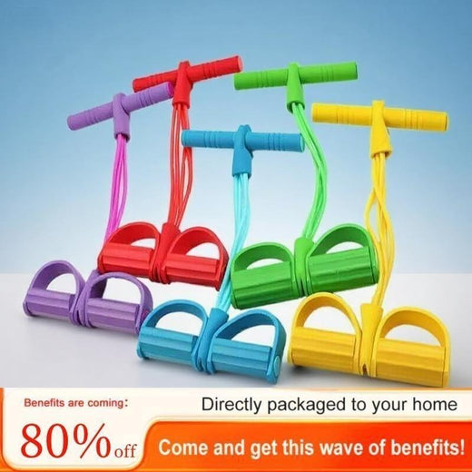 Pedal tension ropes with T-shaped handles and foot pedals shown in five different colors